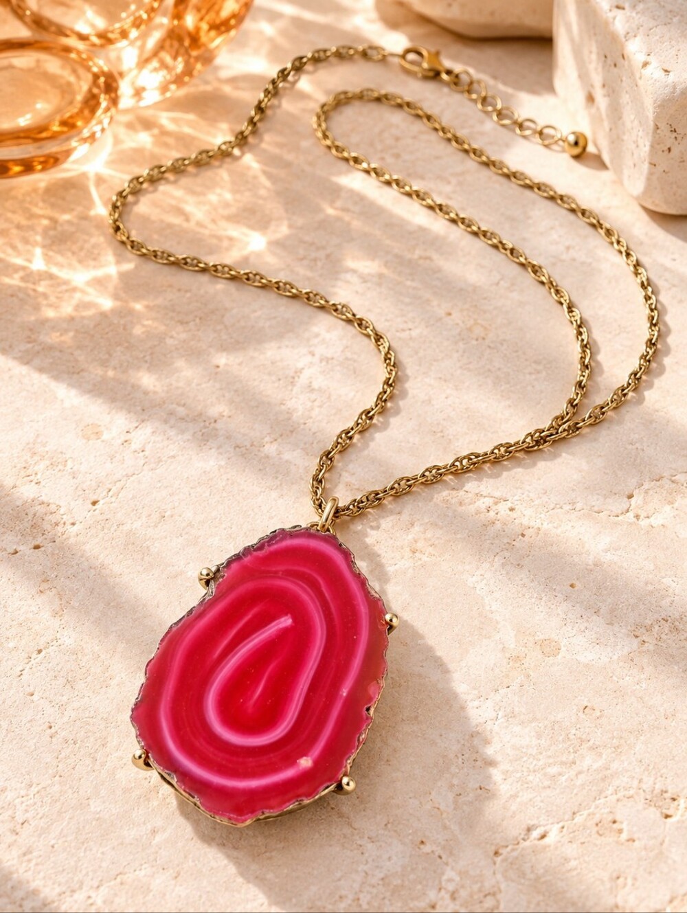 Vintage Pink Agate Slice Pendant Necklace 30" Gold Tone Long Statement